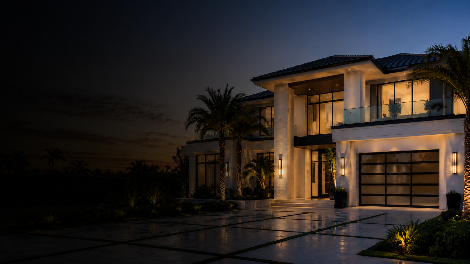 Modern South Florida luxury home at dusk with impact windows and doors
