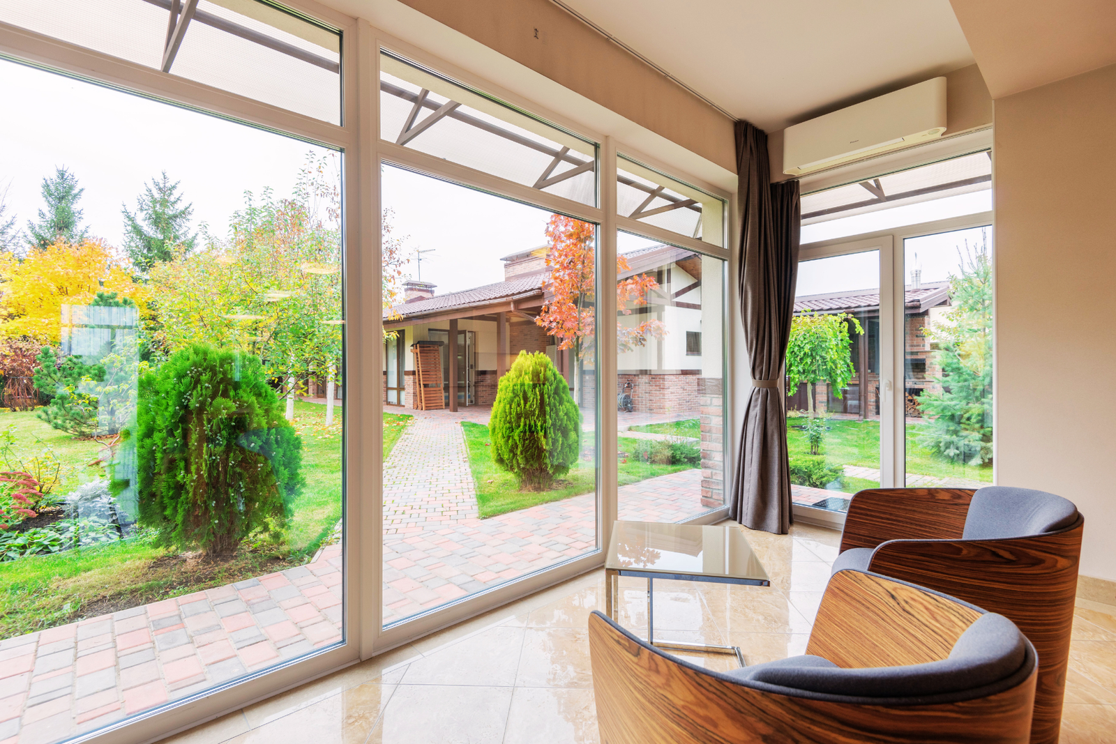 Key Biscayne waterfront living room with impact French and patio doors